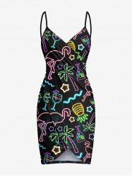 Plus Size Glitter Neon Coconut Tree Flamingo Pineapple Print Hawaii Convertible Beach Cover -  