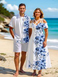 Flowers Leaf Print Plus Size Matching Hawaii Beach Outfit For Couples -  