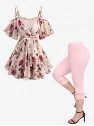 Chemisier à épaules dénudées et chaîne à imprimé rose, legging capri texturé en relief avec bordure en dentelle ajourée, tenue grande taille - café lumière 