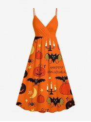 Plus Size Halloween Pumpkin Bat Moon Star Candle Spider Print Surplice Cami Dress -  