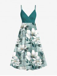 Plus Size Flowers Leaf Print Surplice Hawaii Cami Dress -  