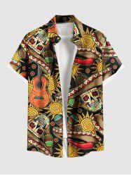 Plus Size Halloween Hat Skull Chili Sun Guitar Print Buttons Pocket Shirt For Men -  
