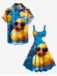 Tenue de plage hawaïenne assortie grande taille avec imprimé de canards rocheux peints à l'huile pour couples - Bleu 