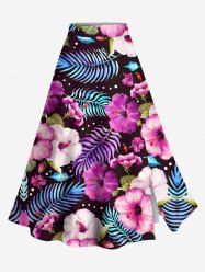 Jupe hawaïenne fendue grande taille à imprimé feuilles tropicales et fleurs d'hibiscus - Pourpre  3X
