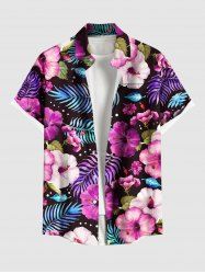 Plus Size Hibiscus Flowers Tropical Leaf Print Buttons Pocket Hawaii Shirt For Men -  