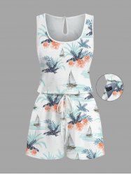 Plus Size Hibiscus Flowers Tropical Leaf Sail Boat Print Cinched Hawaii Romper -  