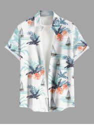 Plus Size Hibiscus Flowers Tropical Leaf Sail Boat Print Buttons Pocket Hawaii Shirt For Men -  