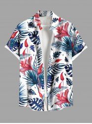 Plus Size Tropical Leaf Hibiscus Flowers Print Buttons Pocket Hawaii Shirt For Men -  