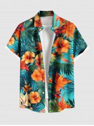 Plus Size Tropical Leaf Hibiscus Flower Print Hawaii Button Pocket Shirt For Men -  