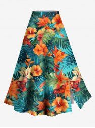 Jupe trapèze fendue hawaïenne grande taille à imprimé feuilles tropicales et fleurs d'hibiscus - Vert 1X