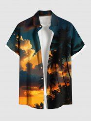 Plus Size Coconut Tree Ombre Dusk Print Hawaii Button Pocket Shirt For Men -  