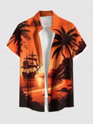 Plus Size Coconut Tree Sea Sailboat Sunset Print Hawaii Ombre Button Pocket Shirt For Men -  