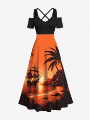 Robe longue trapèze grande taille à imprimé cocotier, voilier, coucher de soleil, Hawaï, épaules dénudées, croisée - Noir 6X