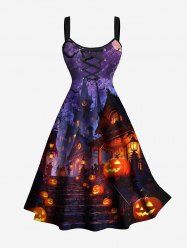 Plus Size Pumpkin Lantern Bat Castle Print Halloween Lace Up A Line Tank Dress -  