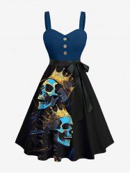 Plus Size Skull Crown Print Halloween Button A Line Tank Dress with Removable Belt -  