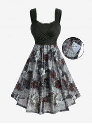 Plus Size Rose Flower Marble Print Lace Trim Ruched Tank Dress -  