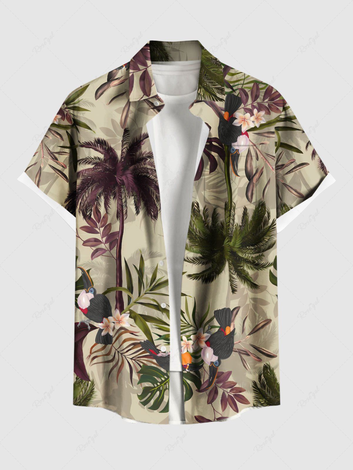 Store Plus Size Coconut Tree Tropical Leaf Hibiscus Flower Print Hawaii Button Pocket Shirt For Men  