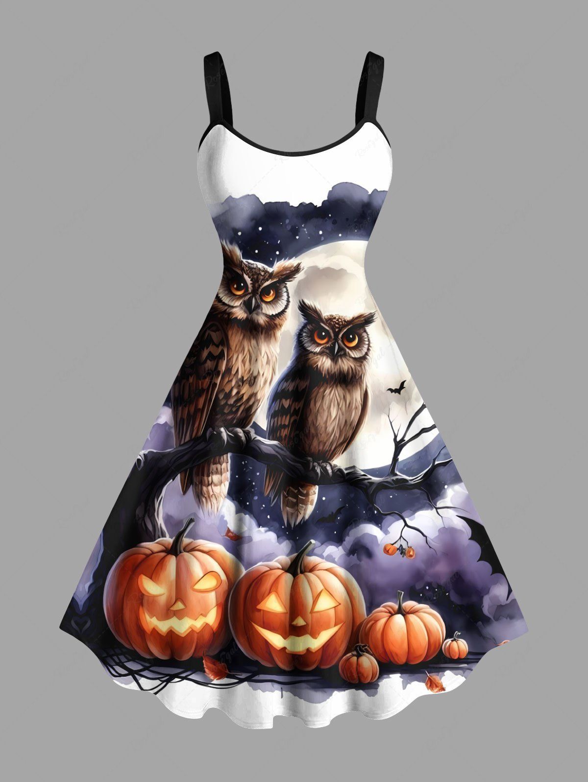 Chic Plus Size Pumpkin Owl Tree Branch Moon Bat Print Halloween Costume A Line Tank Dress  