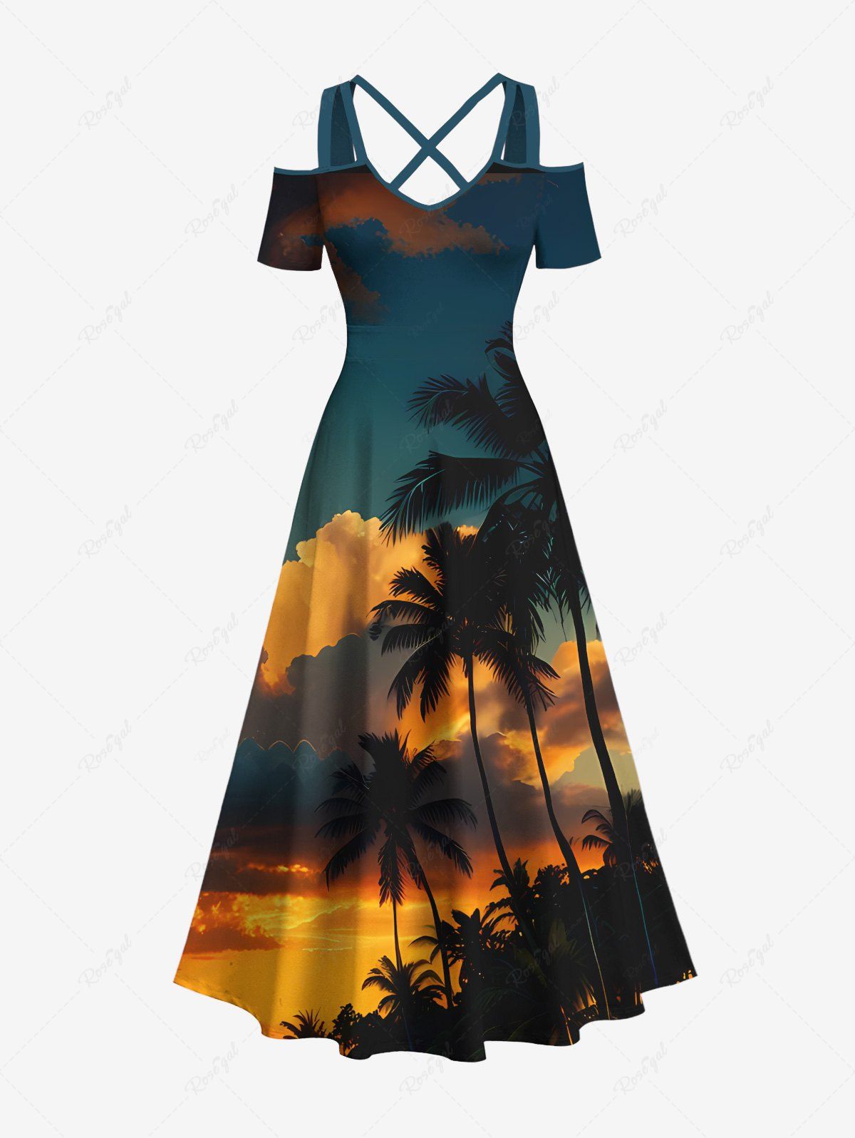 Trendy Plus Size Coconut Tree Ombre Dusk Print Hawaii Cold Shoulder Crisscross A Line Maxi Dress  