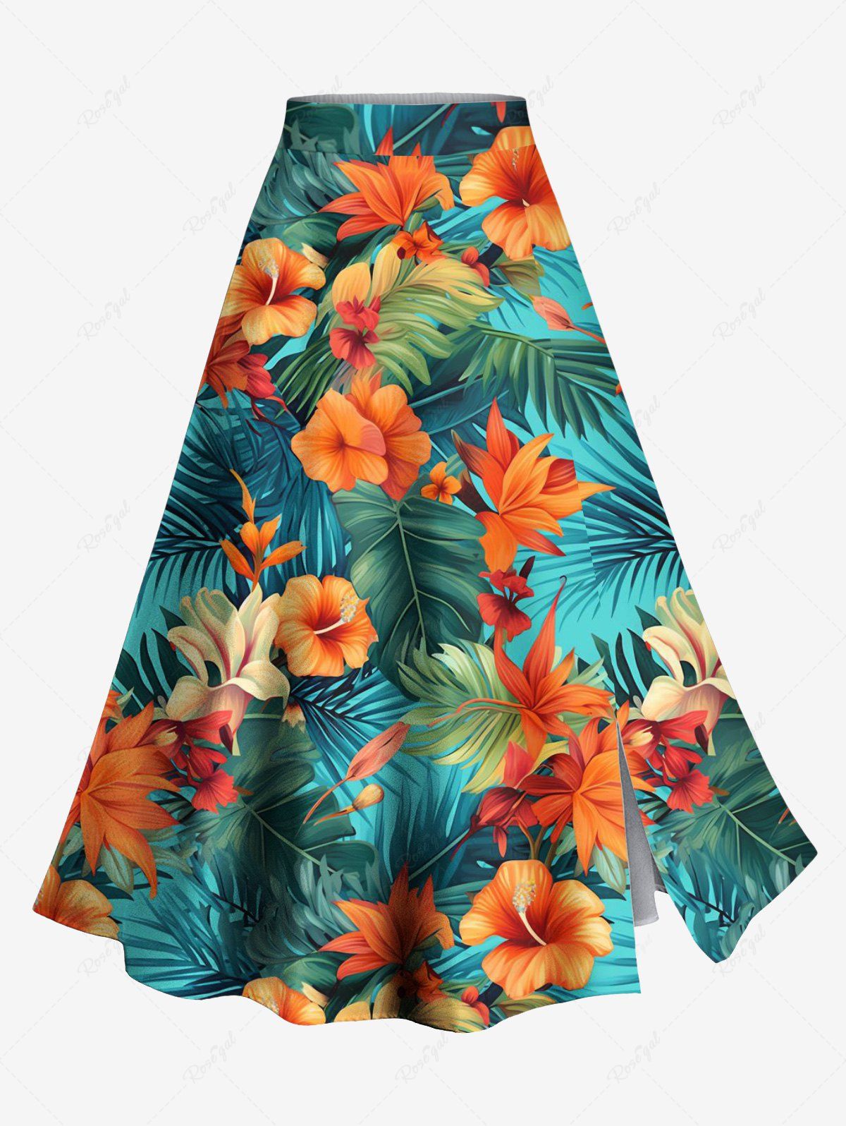 Jupe trapèze fendue hawaïenne grande taille à imprimé feuilles tropicales et fleurs d'hibiscus Vert 1X