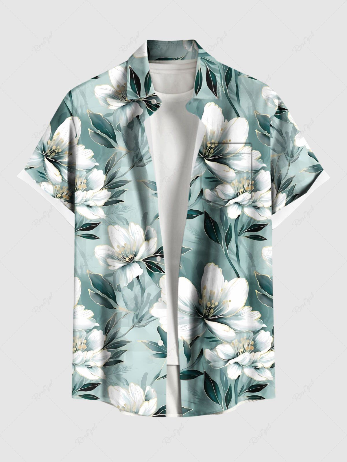 New Plus Size Flowers Leaf Print Buttons Pocket Hawaii Shirt For Men  