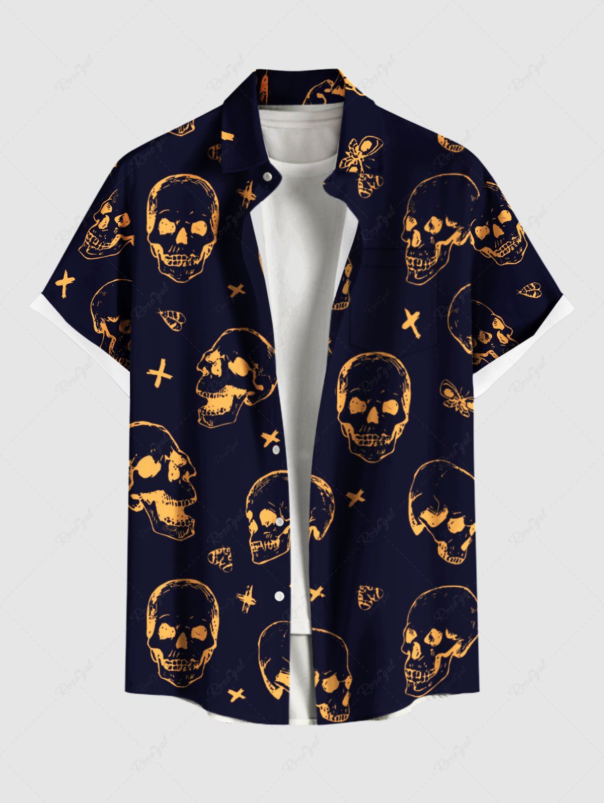 Chemise grande taille à boutons et poches pour homme, motif tête de mort, cœur et papillon, pour Halloween Noir 5XL