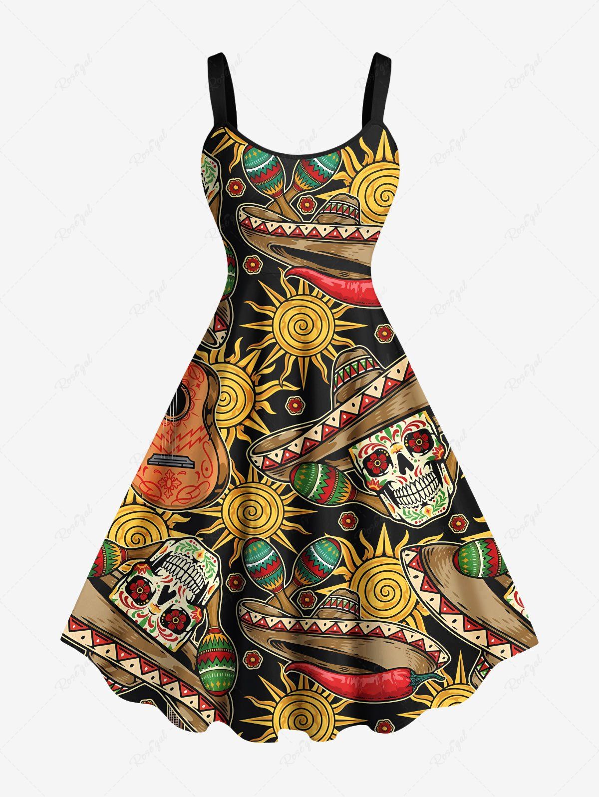 Online Plus Size Halloween Hat Skull Chili Sun Guitar Print Tank Dress  