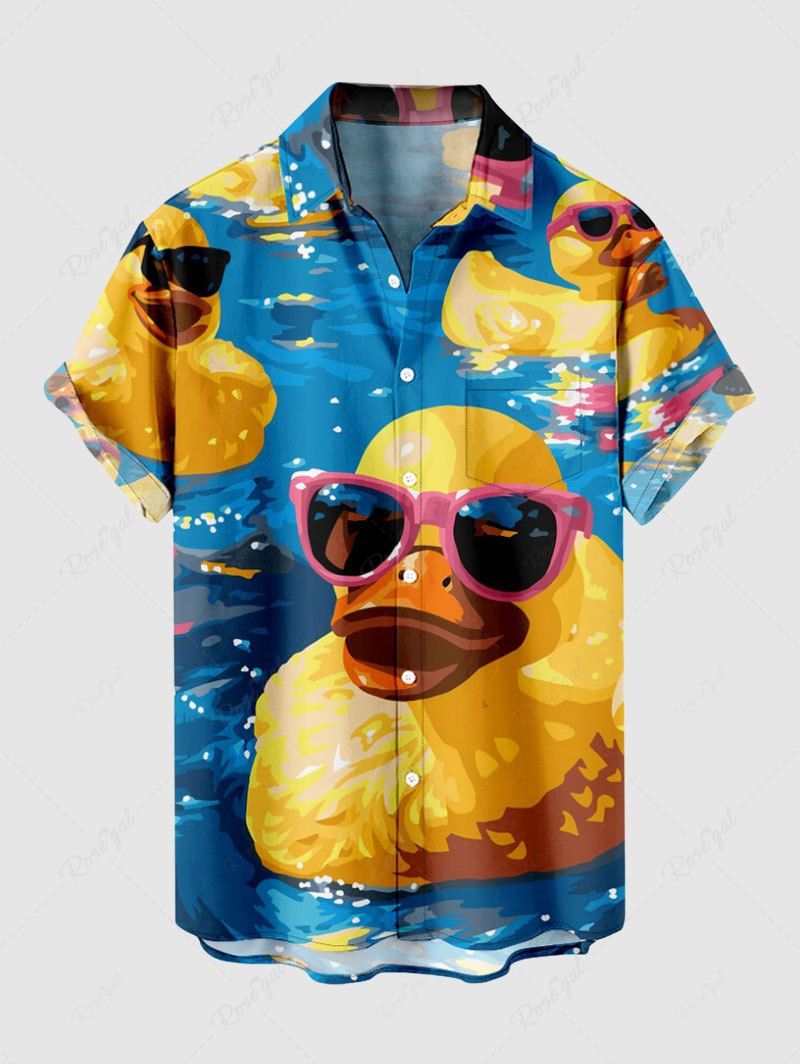 Chemise grande taille à boutons et poches pour homme, imprimé canards rocheux et peinture à l'huile Bleu 4XL