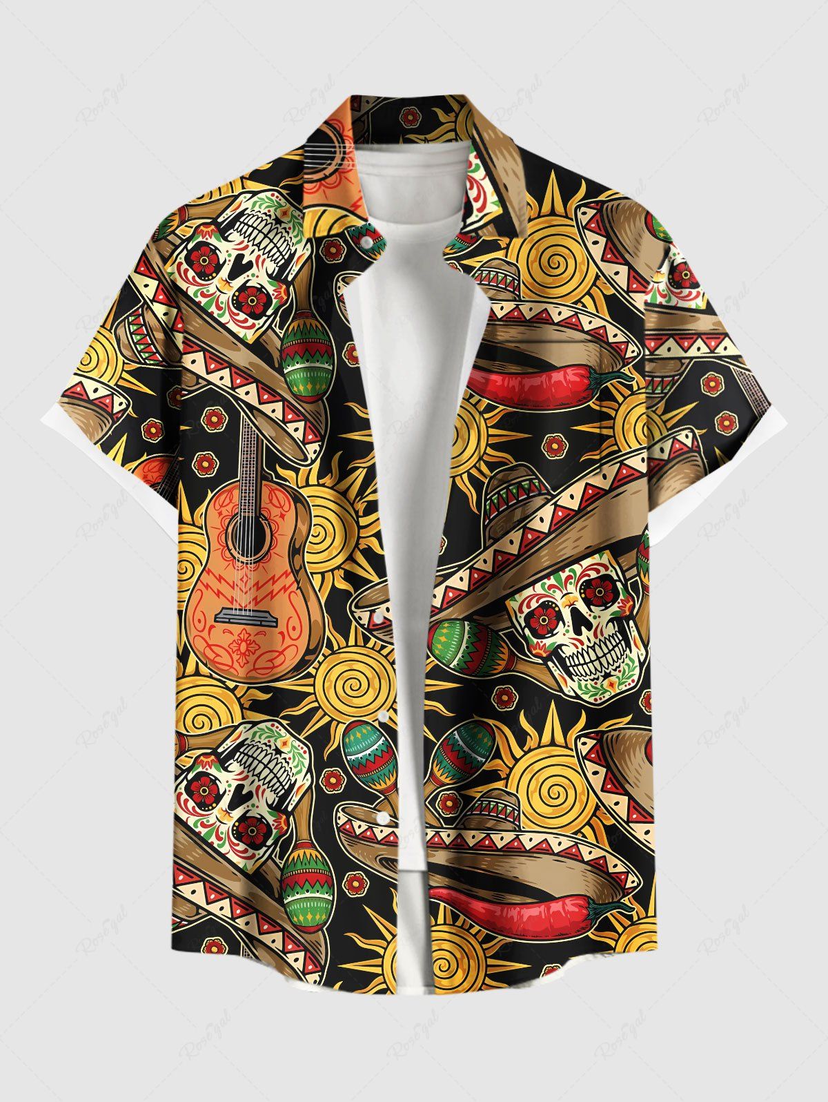 Chic Plus Size Halloween Hat Skull Chili Sun Guitar Print Buttons Pocket Shirt For Men  