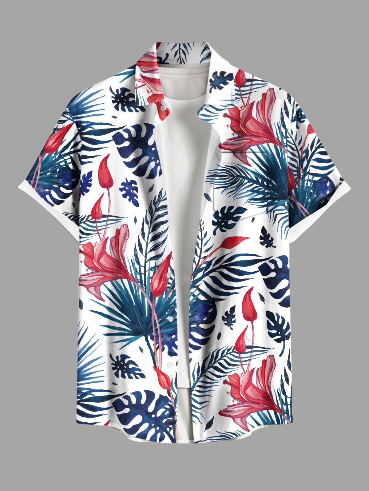 Chemise hawaïenne grande taille à imprimé feuilles tropicales et fleurs d'hibiscus, avec poches et boutons, pour homme Blanc 2XL