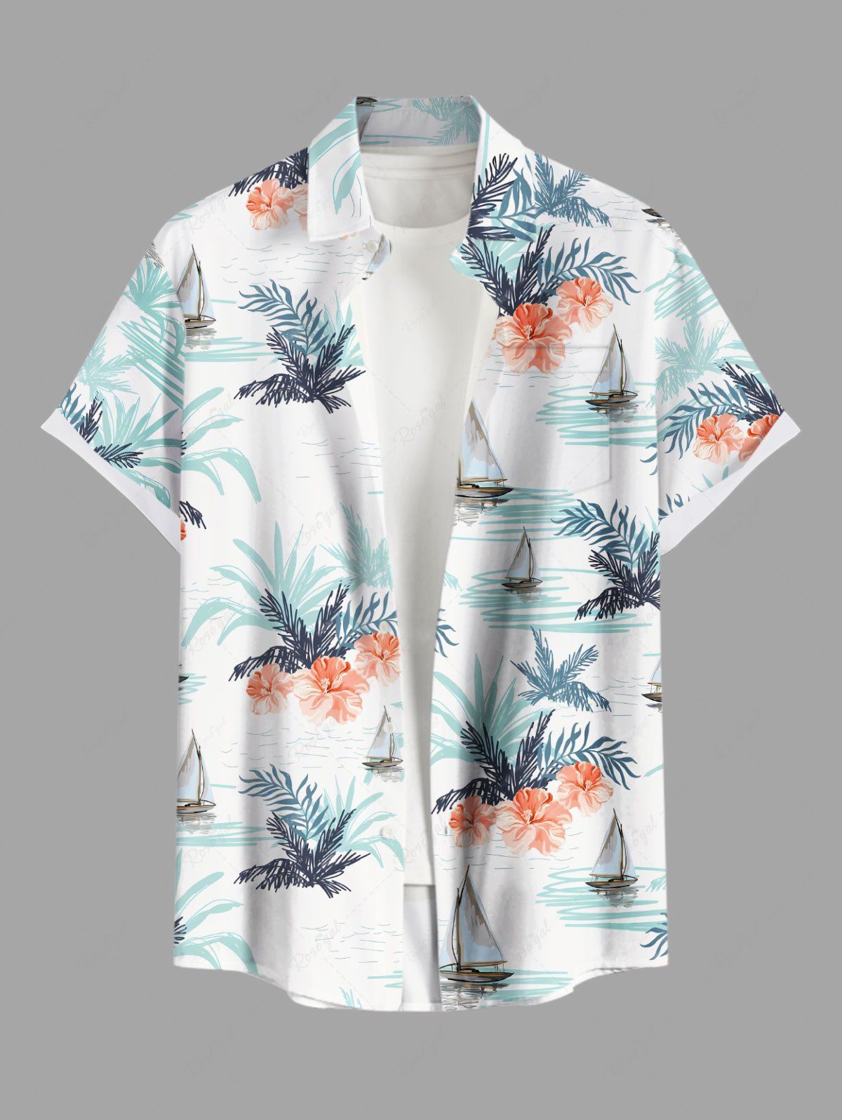 Outfits Plus Size Hibiscus Flowers Tropical Leaf Sail Boat Print Buttons Pocket Hawaii Shirt For Men  