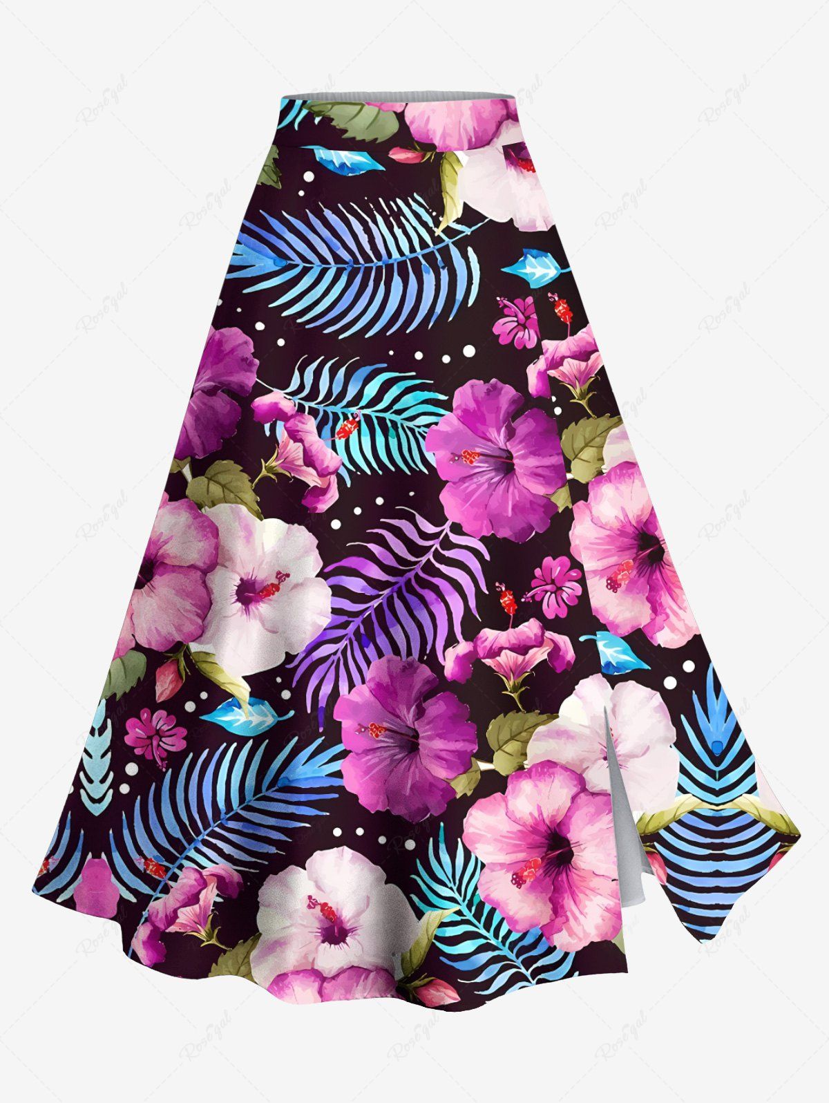 Jupe hawaïenne fendue grande taille à imprimé feuilles tropicales et fleurs d'hibiscus Pourpre  3X
