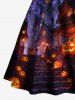 Plus Size Pumpkin Lantern Bat Castle Print Halloween Lace Up A Line Tank Dress -  
