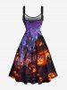 Plus Size Pumpkin Lantern Bat Castle Print Halloween Lace Up A Line Tank Dress -  