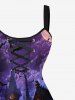 Plus Size Pumpkin Lantern Bat Castle Print Halloween Lace Up A Line Tank Dress -  