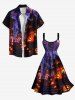 Plus Size Pumpkin Lantern Bat Castle Print Halloween Lace Up A Line Tank Dress -  