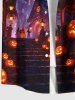Plus Size Pumpkin Lantern Bat Castle Print Halloween Button Pocket Shirt For Men -  