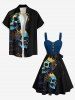 Plus Size Skull Crown Print Halloween Button A Line Tank Dress with Removable Belt -  