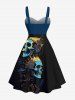 Plus Size Skull Crown Print Halloween Button A Line Tank Dress with Removable Belt -  