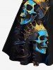 Plus Size Skull Crown Print Halloween Button A Line Tank Dress with Removable Belt -  