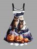 Plus Size Pumpkin Owl Tree Branch Moon Bat Print Halloween Costume A Line Tank Dress -  