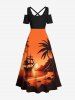 Robe longue trapèze grande taille à imprimé cocotier, voilier, coucher de soleil, Hawaï, épaules dénudées, croisée - Noir 6X