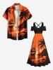 Robe longue trapèze grande taille à imprimé cocotier, voilier, coucher de soleil, Hawaï, épaules dénudées, croisée - Noir 6X