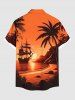Plus Size Coconut Tree Sea Sailboat Sunset Print Hawaii Ombre Button Pocket Shirt For Men -  