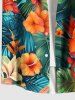 Plus Size Tropical Leaf Hibiscus Flower Print Hawaii Button Pocket Shirt For Men -  