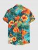 Plus Size Tropical Leaf Hibiscus Flower Print Hawaii Button Pocket Shirt For Men -  