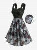 Plus Size Rose Flower Marble Print Lace Trim Ruched Tank Dress -  