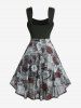 Robe débardeur froncée grande taille à imprimé marbré et fleurs roses avec bordure en dentelle - Noir 4X | US 26-28