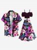 Jupe hawaïenne fendue grande taille à imprimé feuilles tropicales et fleurs d'hibiscus - Pourpre  3X