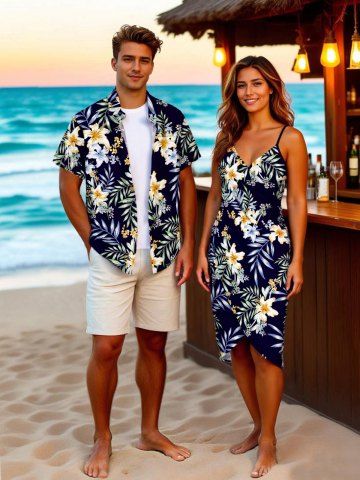 Tropical Leaf Hibiscus Flower Print Plus Size Matching Hawaii Beach Outfit For Couples - BLACK